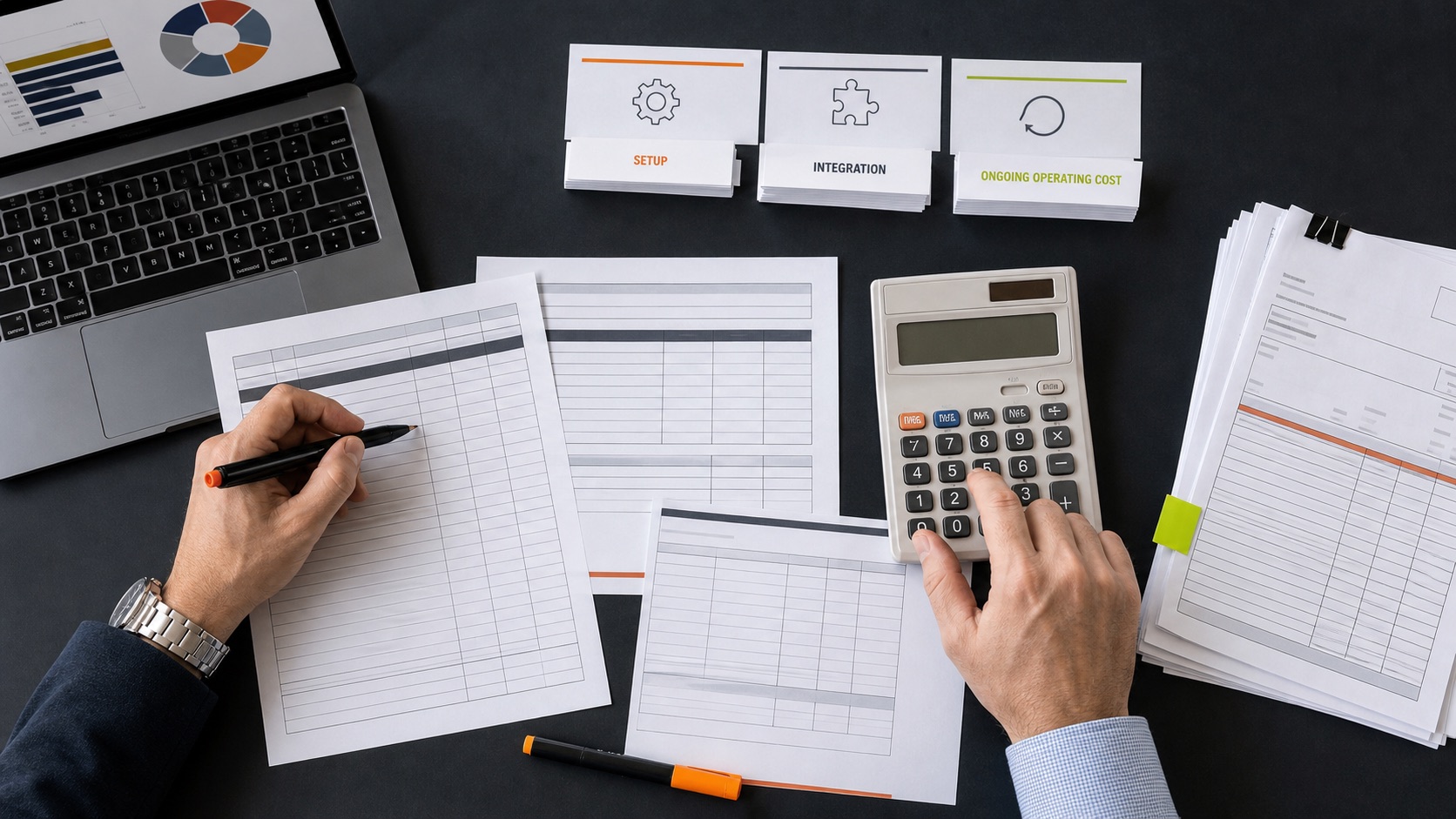 Two people calculate setup, integration, and ongoing costs for an automation project.
