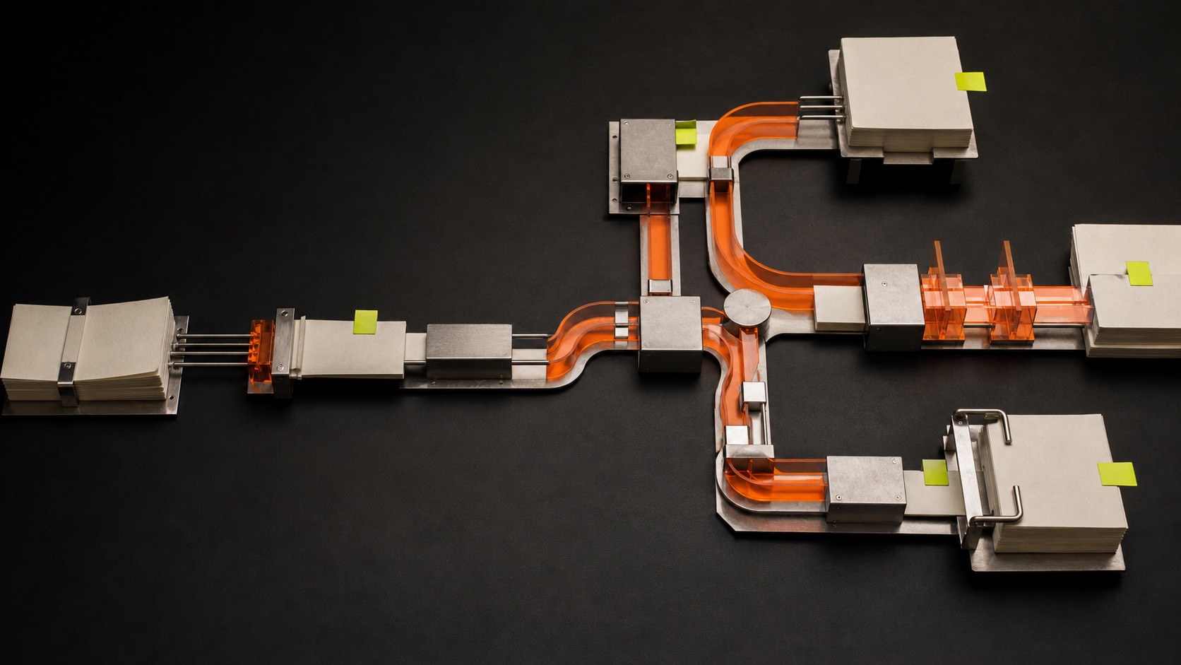 A physical workflow system routes paper through orange channels and review points.