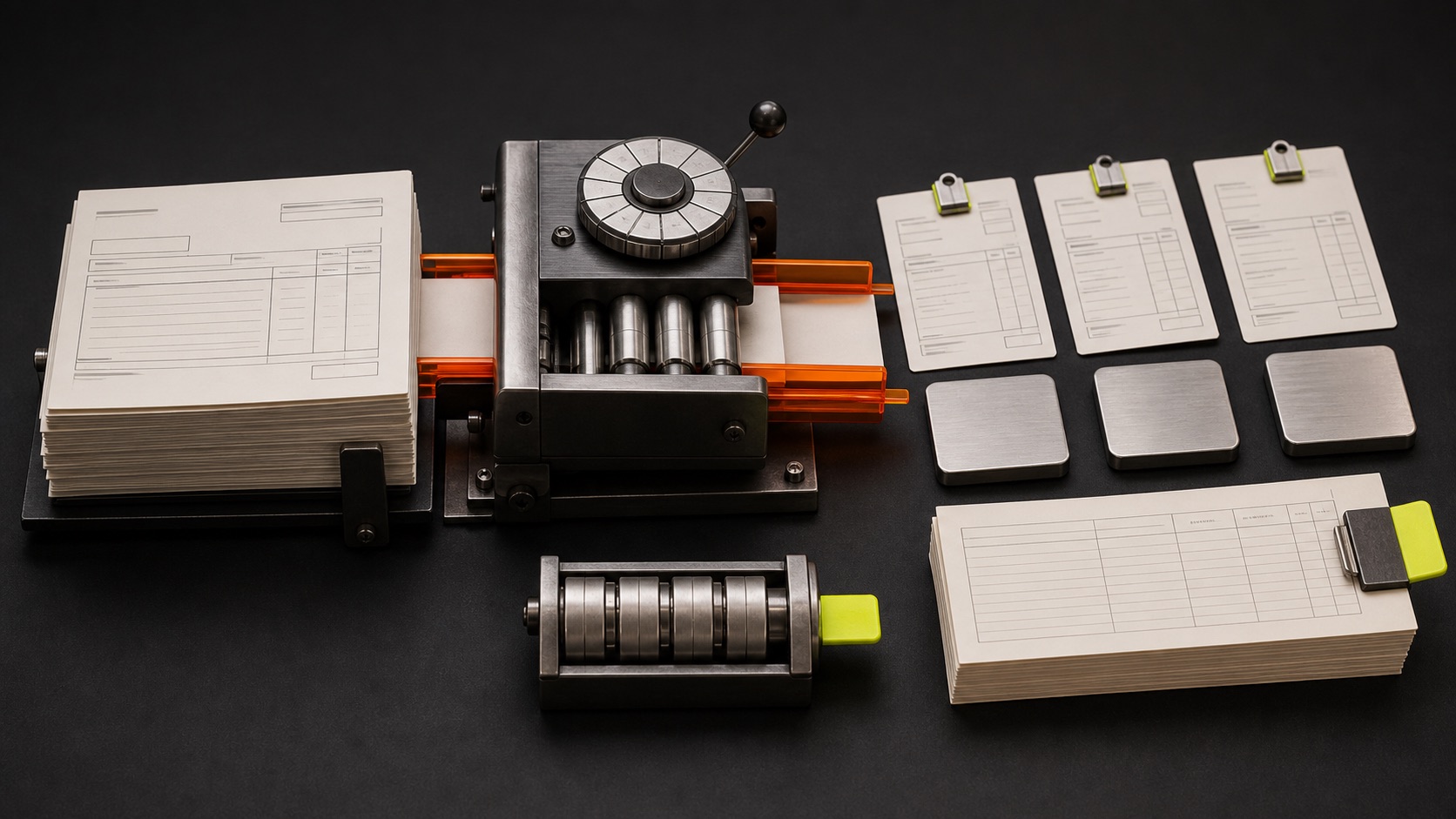 A precise machine processes invoice documents into reviewed records and measurable outputs.