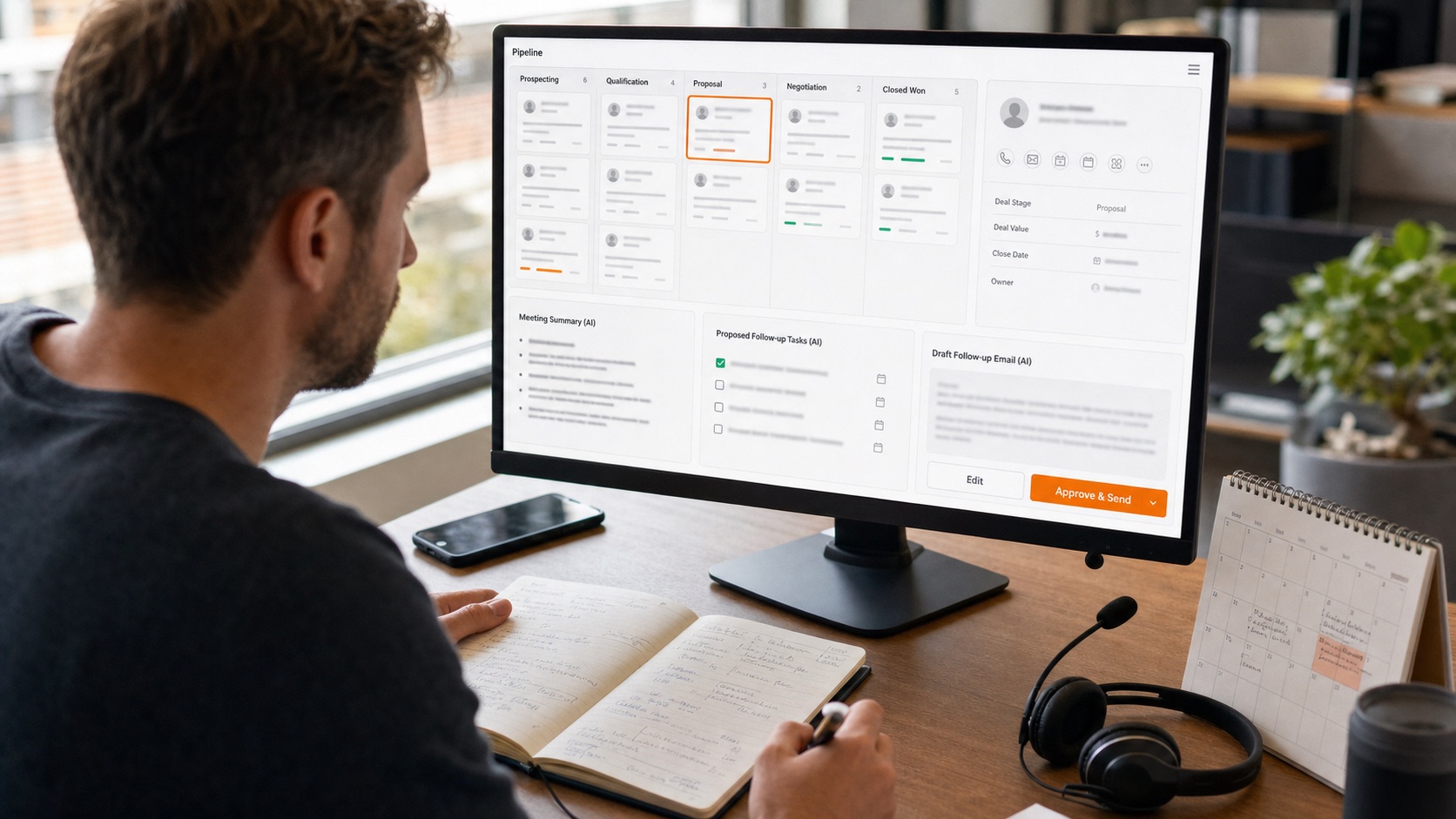 A sales representative reviews AI-proposed CRM updates and follow-up tasks after a meeting.