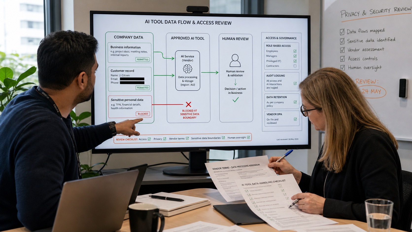 A security engineer and privacy lead review company data permissions, sensitive-data boundaries, vendor terms, and human oversight for an AI tool.