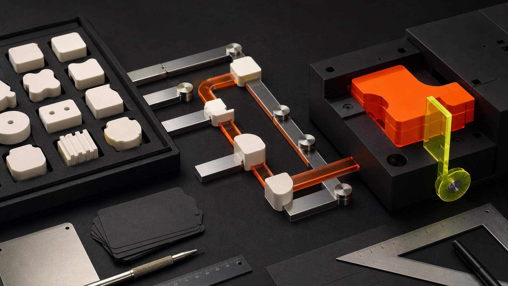 Standard software modules connect through an implementation path to a custom-fitted component.
