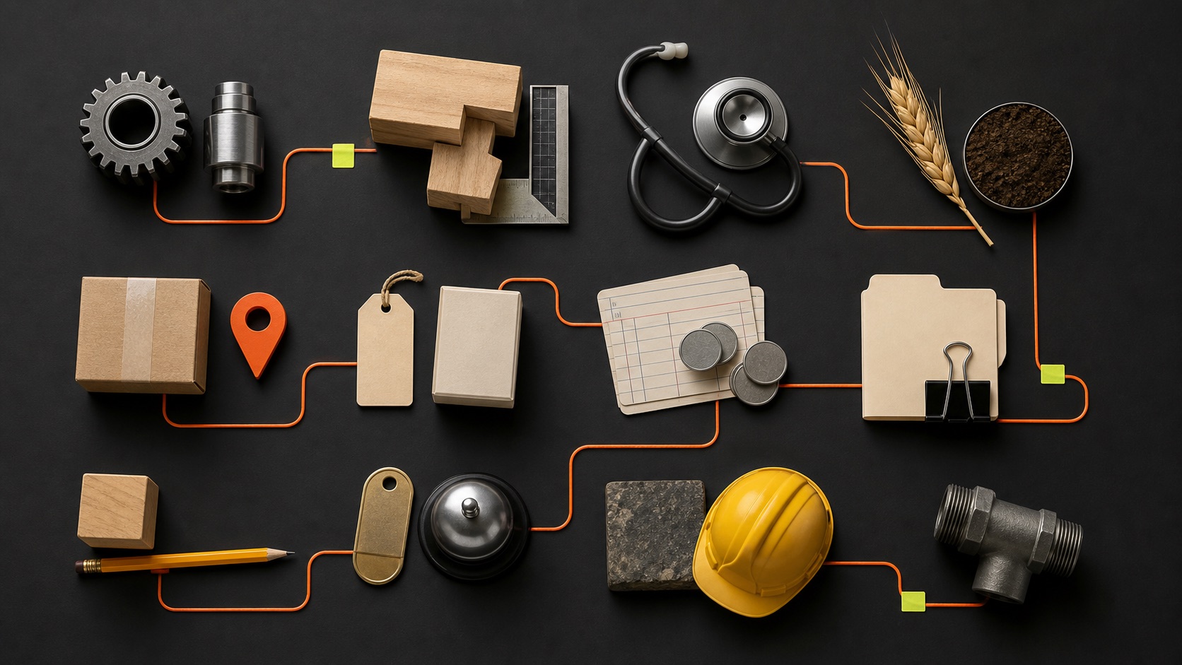 Objects representing twelve industries connected by one orange information route.