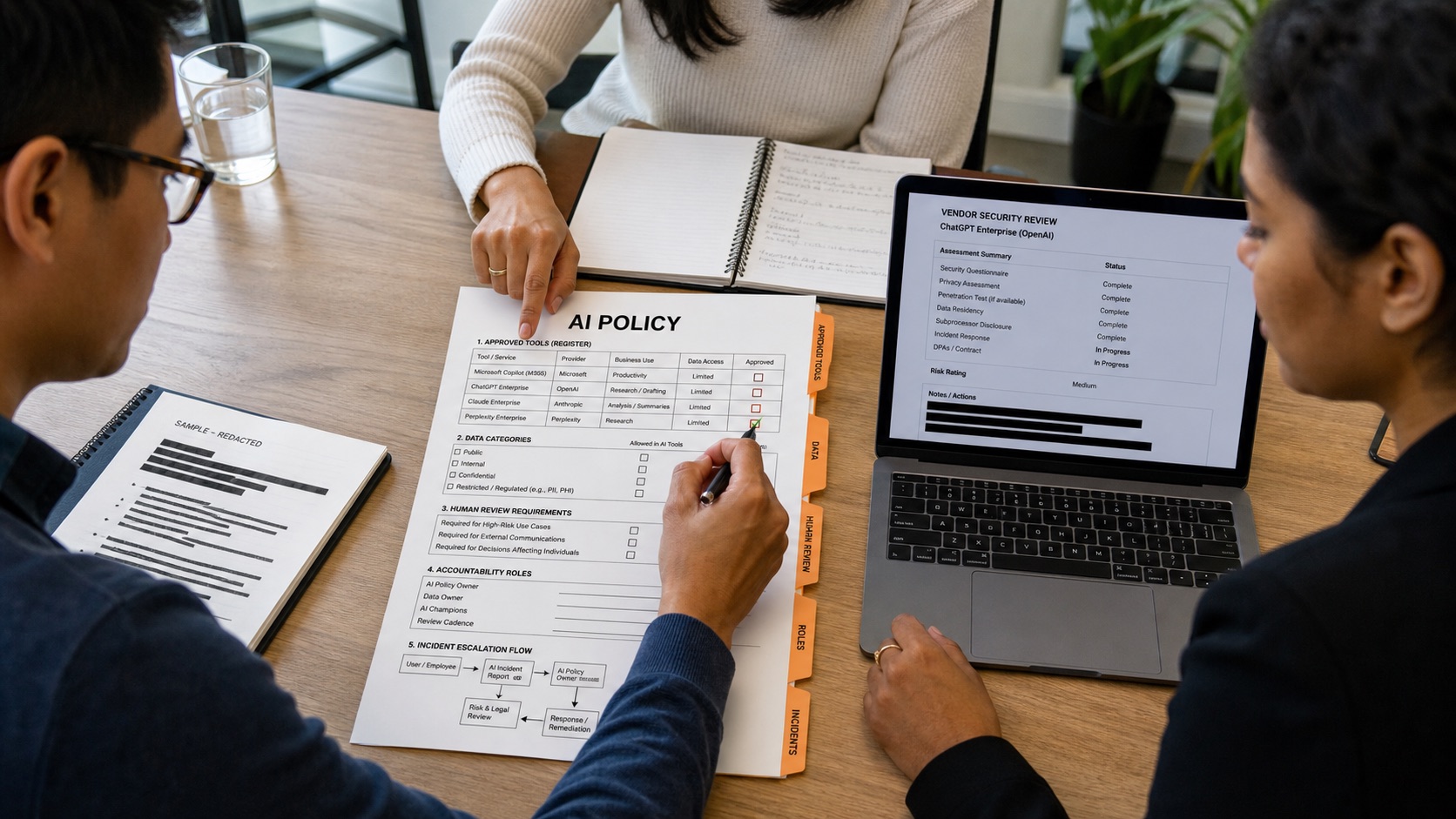 A leadership team reviews an AI policy covering tools, data, human review, and accountability.