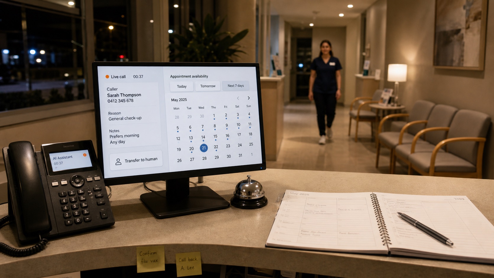 An after-hours clinic reception system handles a call, booking, and option to transfer to staff.