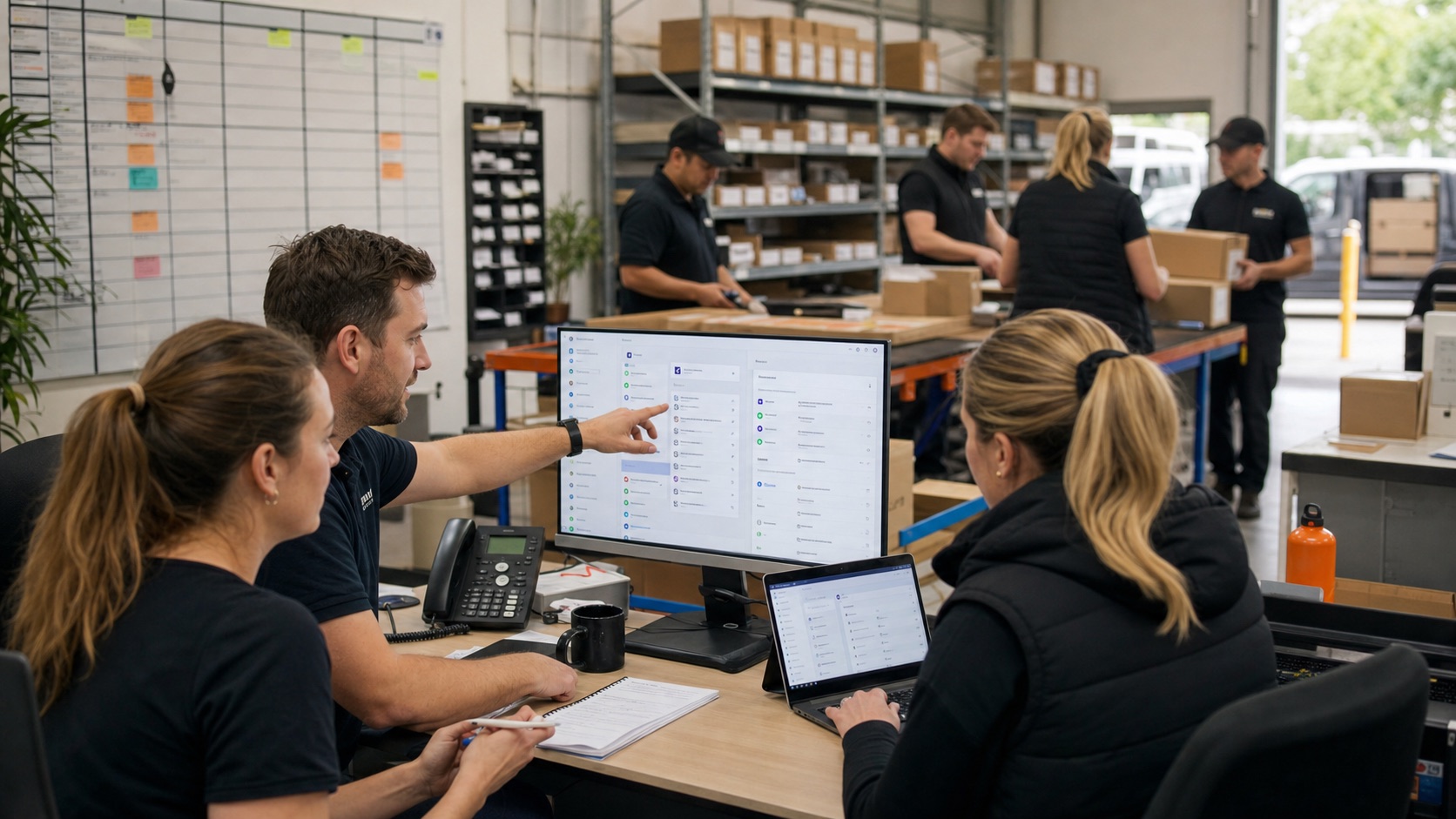 An operations team uses connected software in an active office and dispatch workspace.