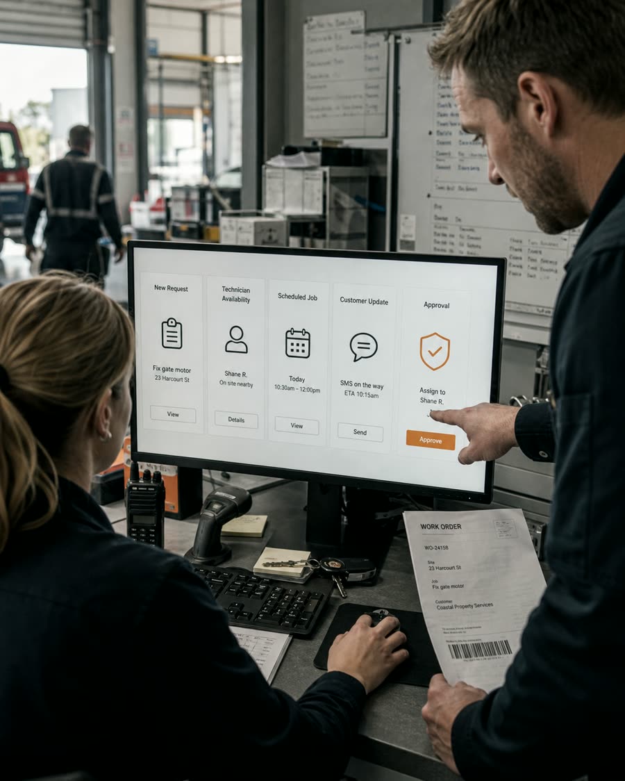 A connected business operation spanning office coordination, field work, and digital systems.