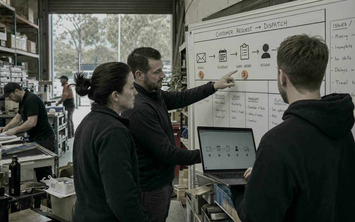 A professional services team mapping a client workflow together on a table.