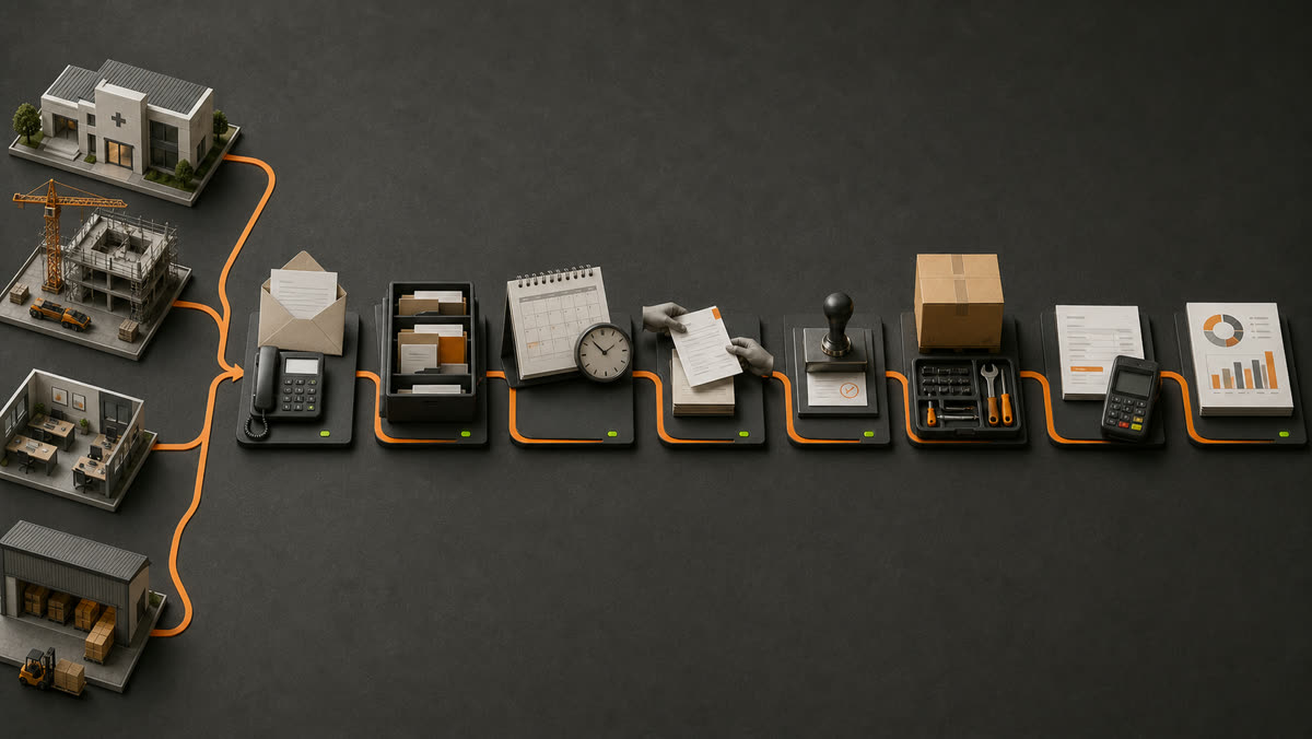An abstract workflow map connects a clinic, construction site, office, and warehouse to shared stages from enquiry through reporting.