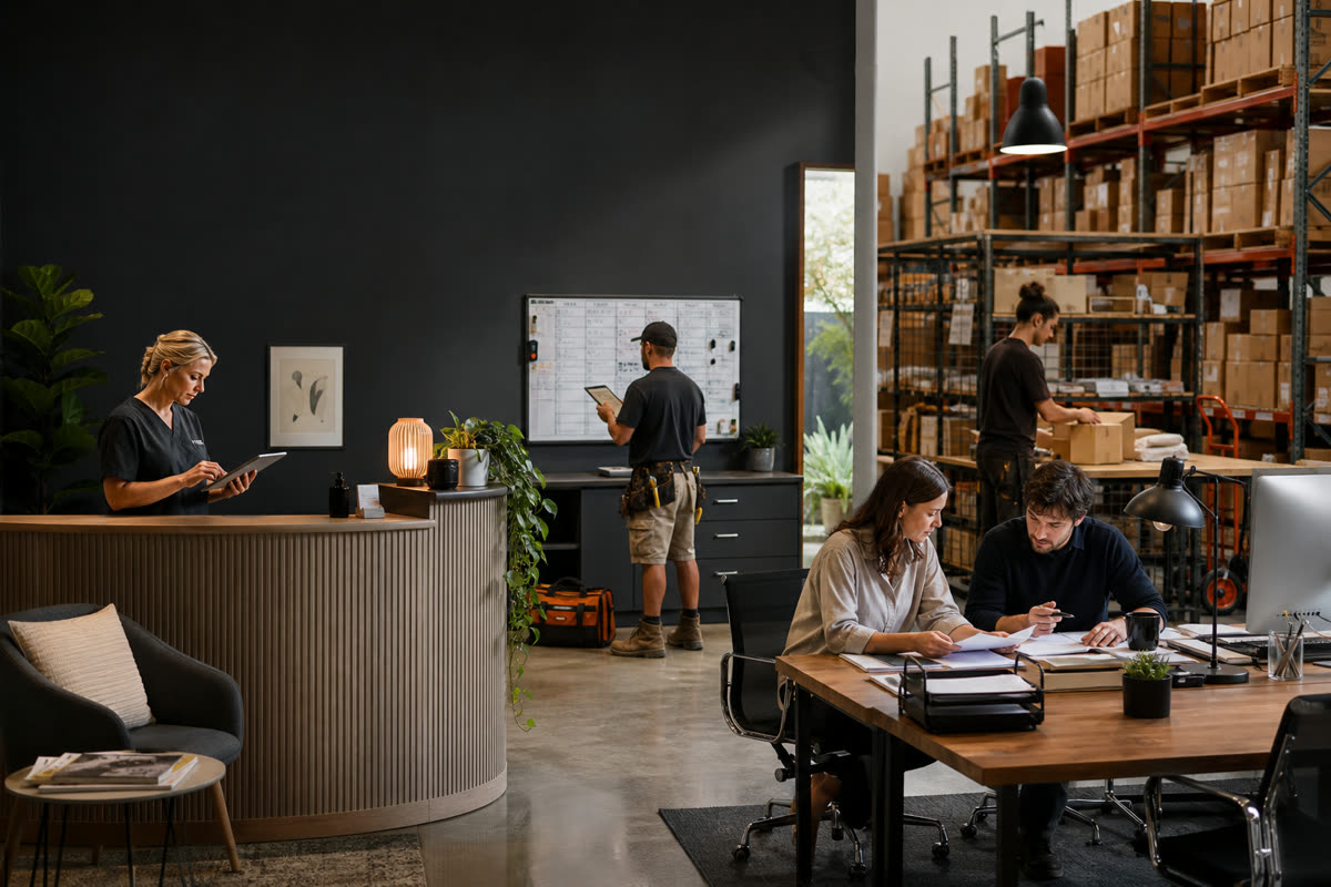 A clinic reception, field service dispatcher, professional services team, and ecommerce warehouse at work.
