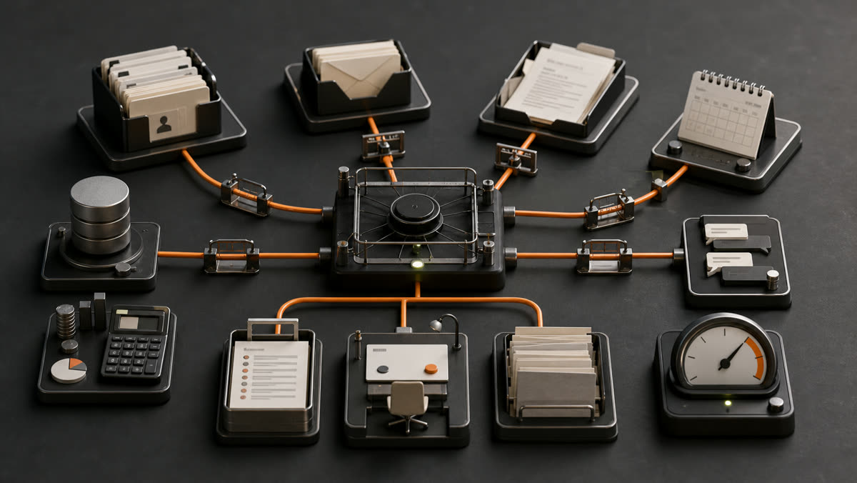 A connected business system linking contacts, email, documents, calendars, accounting, tasks, and monitoring.