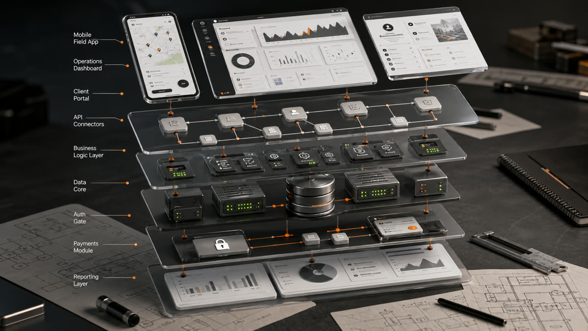 An exploded custom software system combines mobile, desktop, portal, integrations, business logic, data, authentication, payments, and reporting layers.